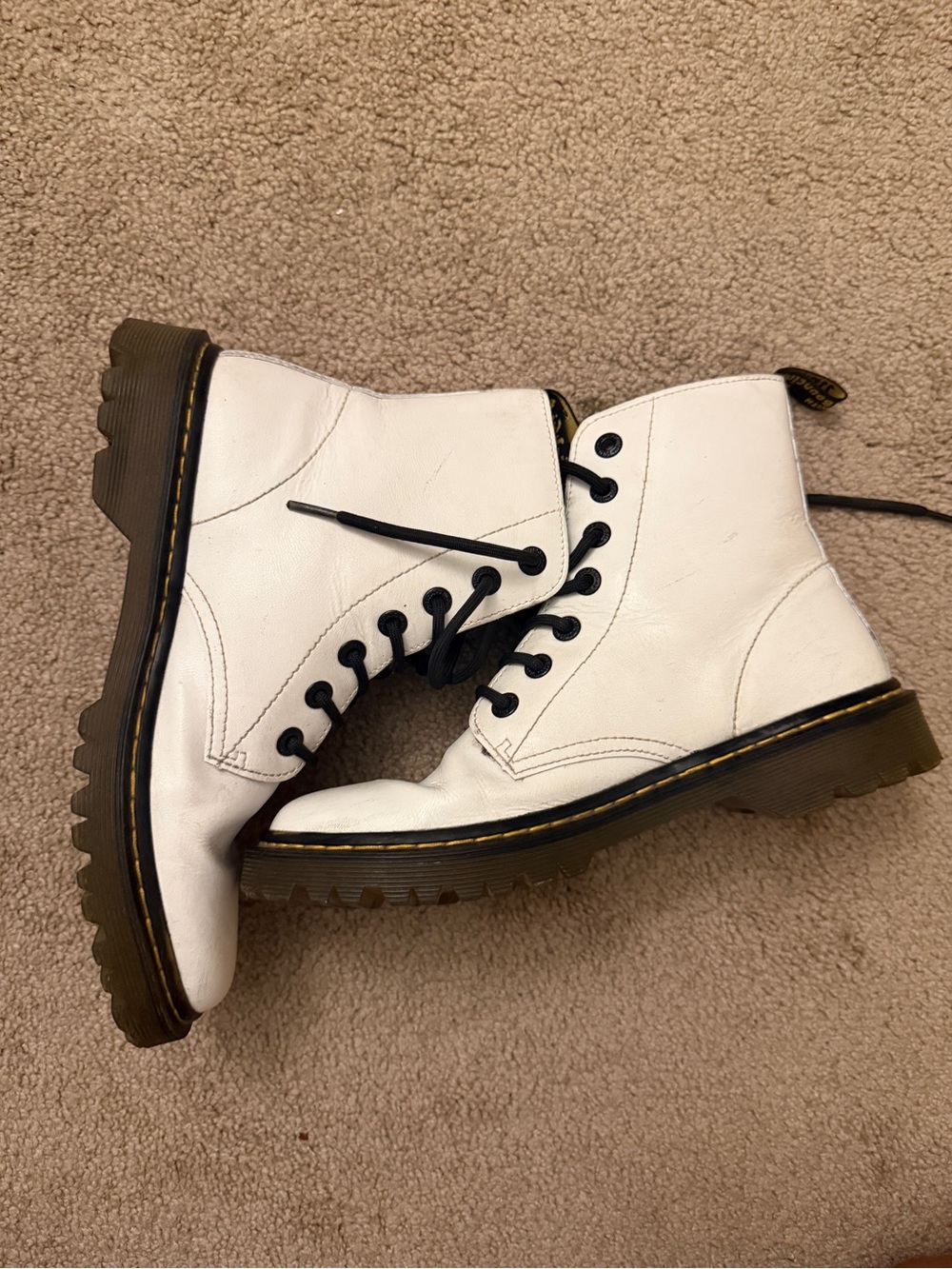 Dr. Martens White Leather Lace-Up Combat Boots with Yellow Welt Stitching